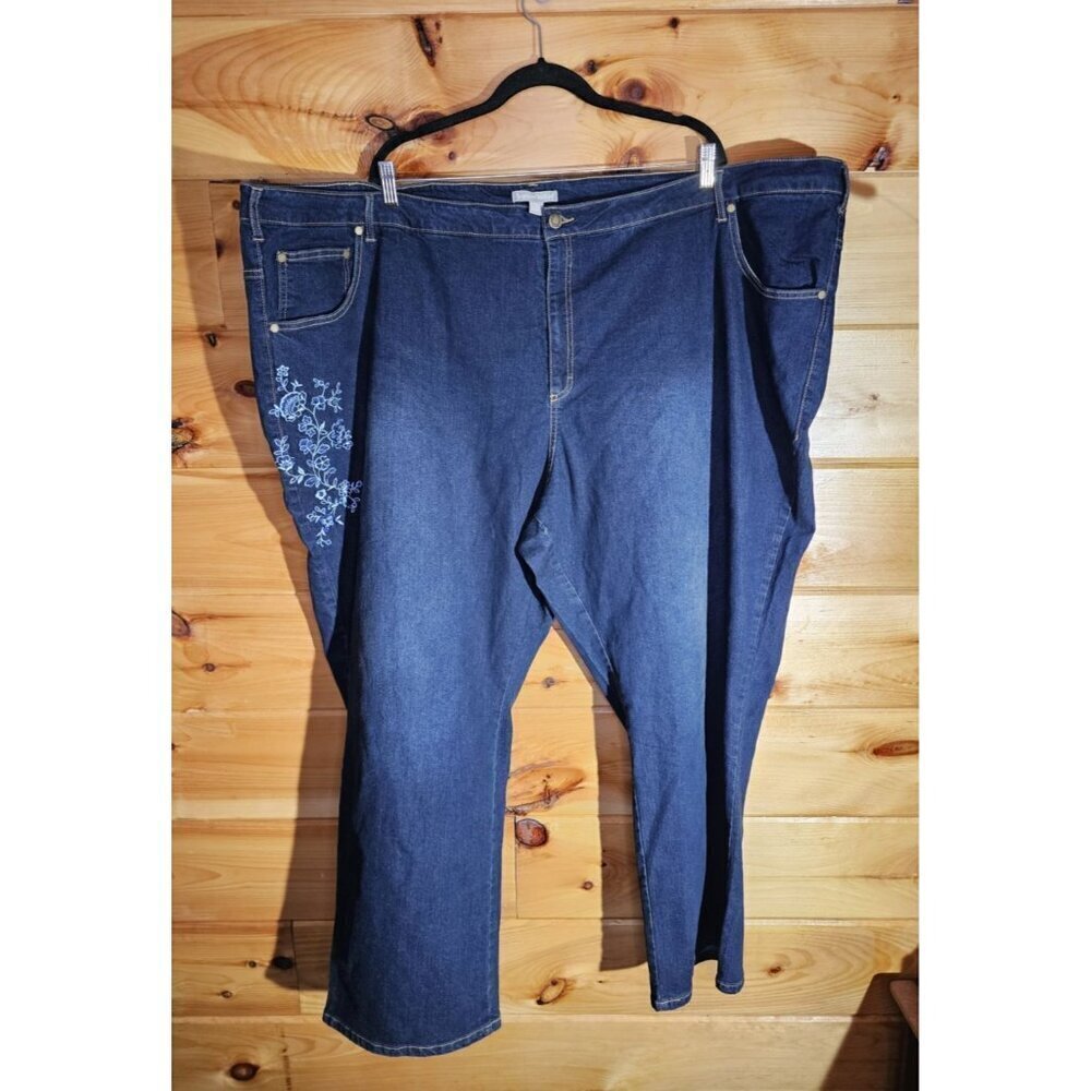Woman Within Jeans Plus Size 38W Blue Denim Embroidered Flowers Straight
